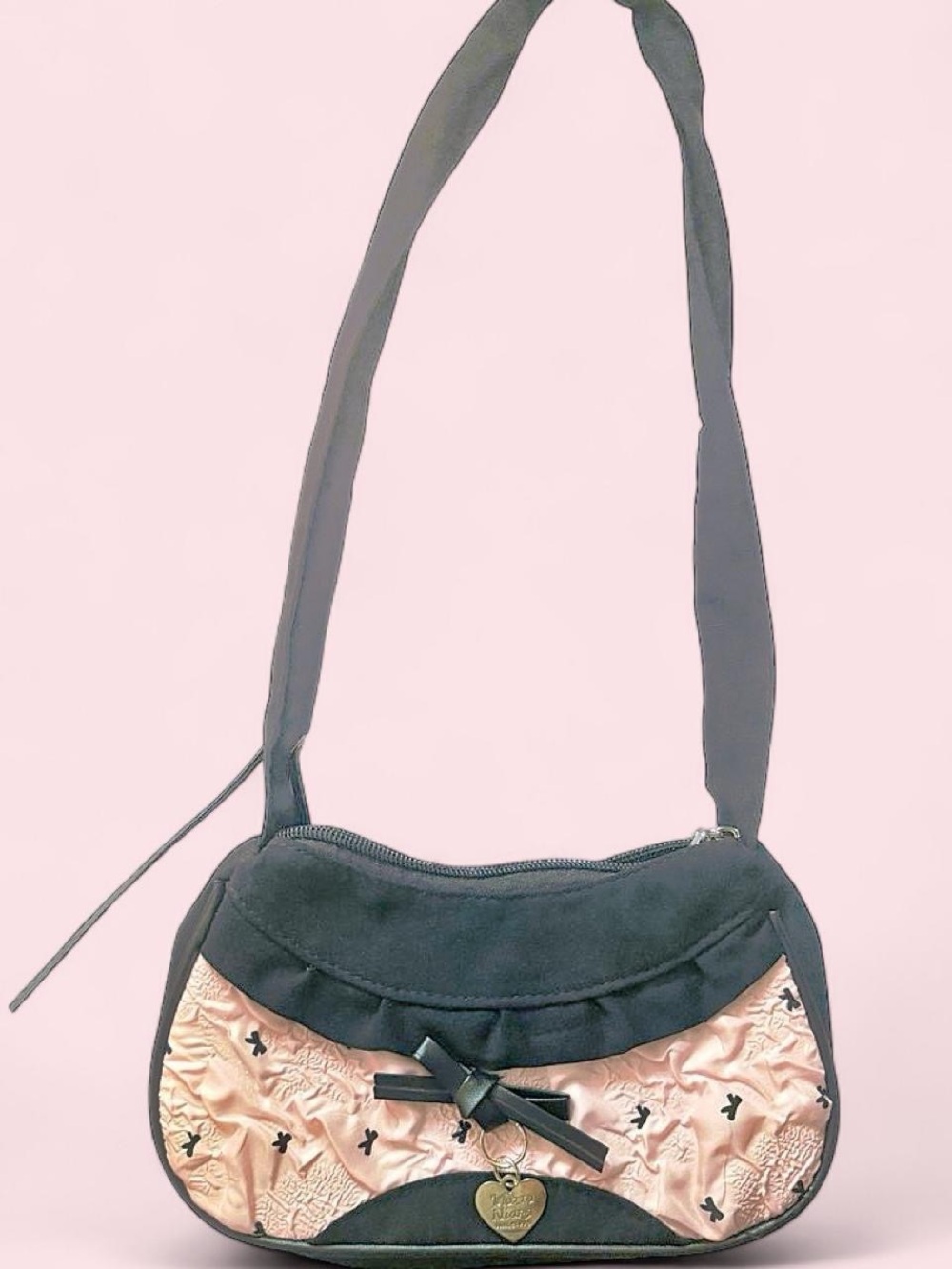 Black and Blush Bow-Accent Quilted Crossbody Bag